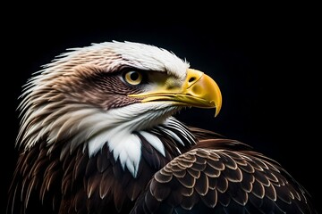 Obraz premium Close-up portrait of an intense bald eagle looking sideways with dark background suitable for editorial.