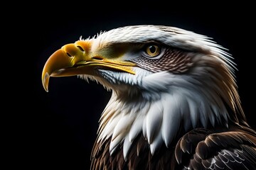 Fototapeta premium Majestic profile portrait of a bald eagle head with a sharp beak isolated against black backdrop for.