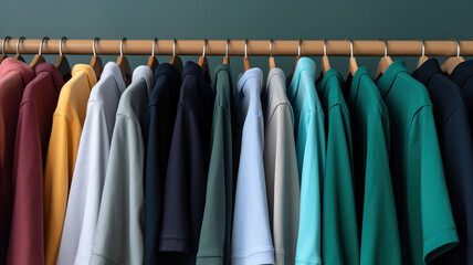 Several shirts in various colors are gracefully displayed on hangers against a color backdrop
