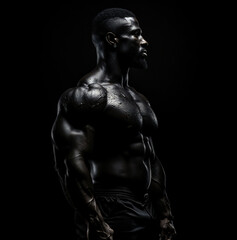 Fototapeta na wymiar Sculpted Perfection: Black Male Bodybuilder Standing Stoically in Monochrome 