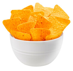 Crispy nachos in paper bucket isolated on white background, Corn chips on white Png File.