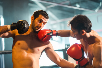 MMA or Thai Boxing match, Two professional fighters punching or boxing, Fit muscular caucasian...