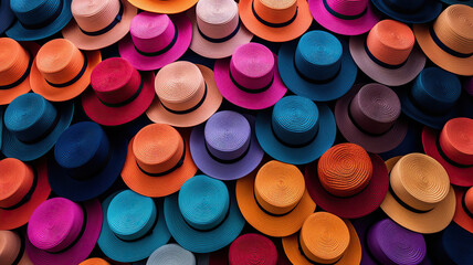 Colorful hats stacked on a wall