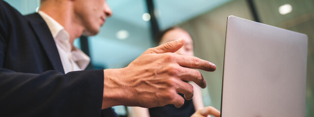 Business financial marketing project strategy plan presentation, Meeting of a corporate man showing finance data to team. Professional accounting management office group collaboration team working