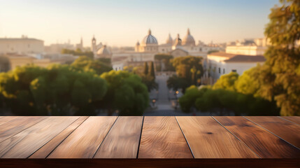 The empty wooden table top with blur background of Rome