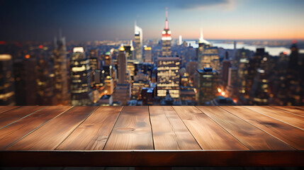Fototapeta na wymiar The empty wooden table top with blur background of New York
