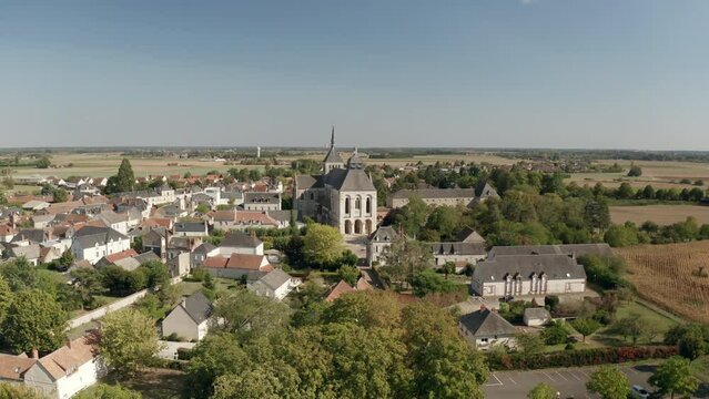Aerial drone point of view of the Abbaye de Fleury in the Loire Valley, Saint Benoit sur Loire, France.