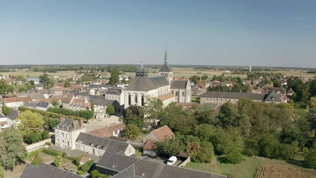 Aerial drone point of view of the Abbaye de Fleury in the Loire Valley, Saint Benoit sur Loire, France.