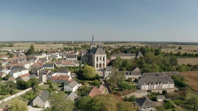 Aerial drone point of view of the Abbaye de Fleury in the Loire Valley, Saint Benoit sur Loire, France.
