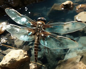 A dragonfly close-up on water's surface. (Generative AI)