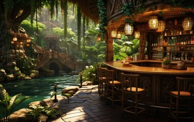 Fototapeta na wymiar A wooden design restaurant in the sunset jungle.