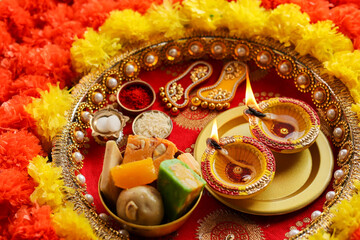 Beautifully Decorated Pooja Thali for festival celebration to worship rice grain and kumkum flowers...