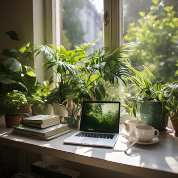 Window in the office interia design plant generative AI