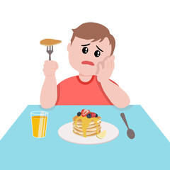 Kid in red shirt bored breakfast and go to school.