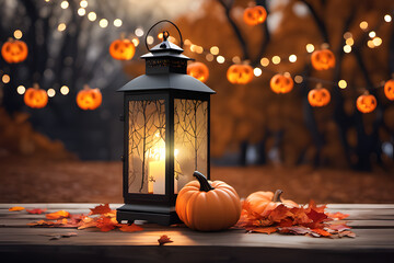 Autumn table setting with pumpkins and candles. Halloween home decoration. Generative AI
