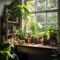plants in a greenhouse window interia design generative AI photo
