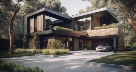 modern villa and car, generative AI