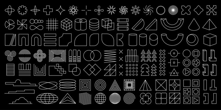 A set of 112 geometric shapes inspired by different art styles like abstract, brutalist, y2k and retro futurist, modernist. Unfilled outline shapes for your own designs