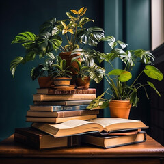 still life with books and plant generative AI photo