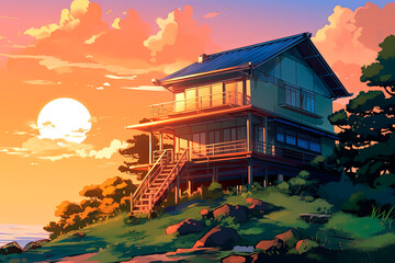 A house on top of lush green hills. Generative AI