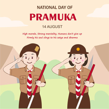Happy Scout Day August 14 Indonesian Festival Day. Selamat Hari Pramuka. Vector Illustration. Boy and girl Student celebrate pramuka day.
