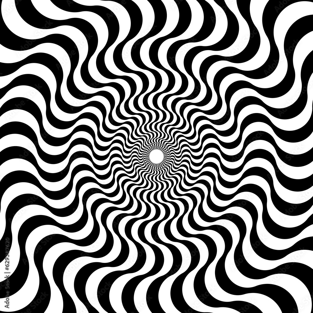 Poster optical illusion background. black and white abstract distorted wavy lines surface. radial waves pos