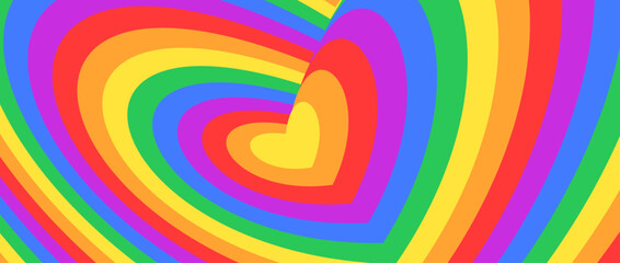 Groovy hypnotic hearts background. Rainbow colors repeating heart design in retro style. Abstract horizontal lgbt pride wallpaper. Vector backdrop 