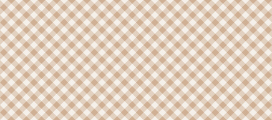 Diagonal gingham seamless pattern. Beige and white vichy background texture. Checkered tweed plaid repeating wallpaper. Natural nude fabric and textile swatch design for print. Vector backdrop  - obrazy, fototapety, plakaty