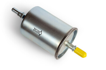 The fuel filter of the car on a white background. Metal fuel filter. Spare part for car maintenance.