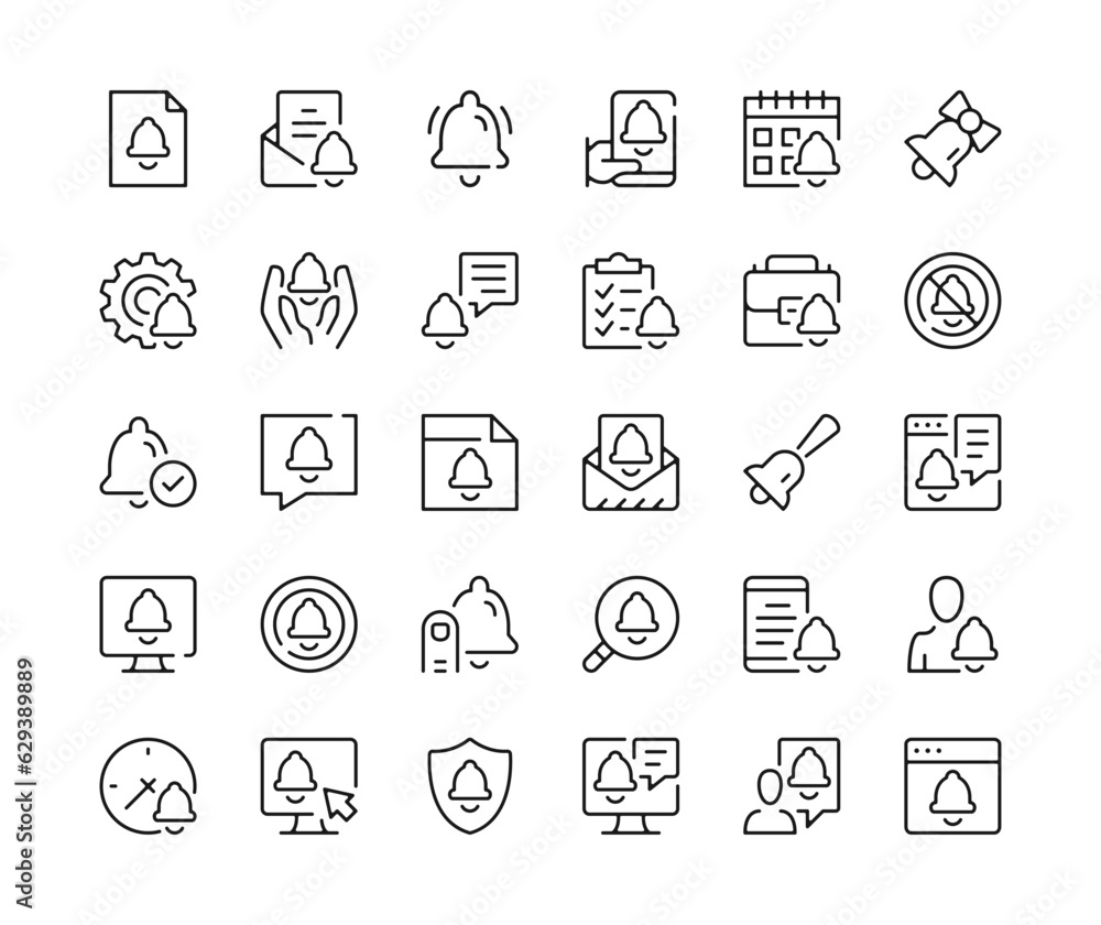 Poster notifications icons. vector line icons set. bell concepts. black outline stroke symbols
