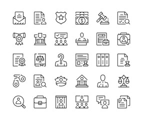 Legal system icons. Vector line icons set. Court, law, police, justice concepts. Black outline stroke symbols