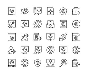 Fototapeta na wymiar Target icons. Vector line icons set. Goal, target market, achievement, business aspirations concepts. Black outline stroke symbols