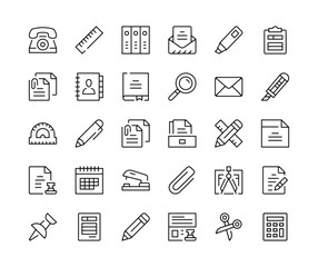 Stationery icons. Vector line icons set. Office supplies, school supplies concepts. Black outline stroke symbols