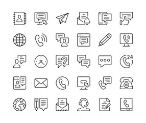 Contact icons. Vector line icons set. Communication concepts. Black outline stroke symbols