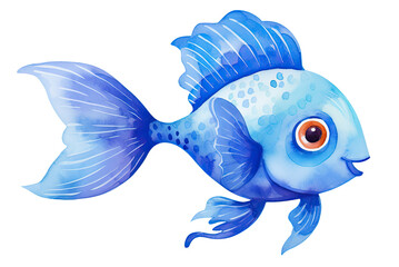 Watercolor illustration of blue fish isolated on transparent background