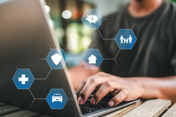 insurance, protection, assurance, family, health, saving, finance, life, shielding, health-care. typing keyboard and hexagon hud. that's hud is life insurance, and retire planning to ensure family.