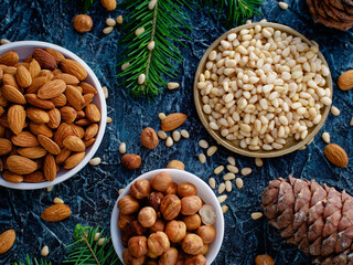 Assorted shelled nuts in bowls. Hazelnuts, almonds and pine nuts. Still life from placer of nuts....