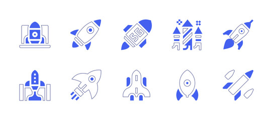 Rocket icon set. Duotone style line stroke and bold. Vector illustration. Containing startup, rocket, spaceship, rockets.