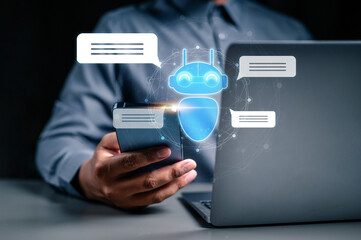 technology, artificial intelligence, robot, ai, futuristic, innovation, business, digital, connection, communication. touching at smartphone to training artificial intelligence and robot innovation.