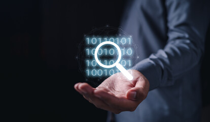 technology, business, firewall, bit, security, transmission, privacy, protection, magnifier, safety. a palm on hand binary digit HUD and magnifier to find binary digit. technology bit is the basic.