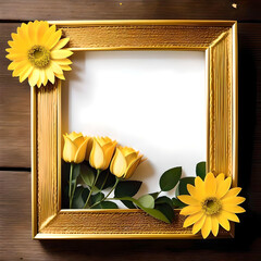 Yellow sunflower and roses near beautiful gold colour Photoframe placed on a wooden background. Generative AI
