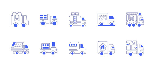 Truck icon set. Duotone style line stroke and bold. Vector illustration. Containing delivery truck, pick up truck, oil truck, fire truck, garbage truck, food truck, moving, truck.