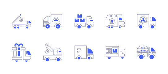 Truck icon set. Duotone style line stroke and bold. Vector illustration. Containing tow truck, delivery truck, garbage truck, recycling truck, crane truck, truck.