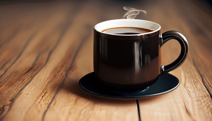 hot black coffee mug on wooden table , cozy warm mood , black and brown tones