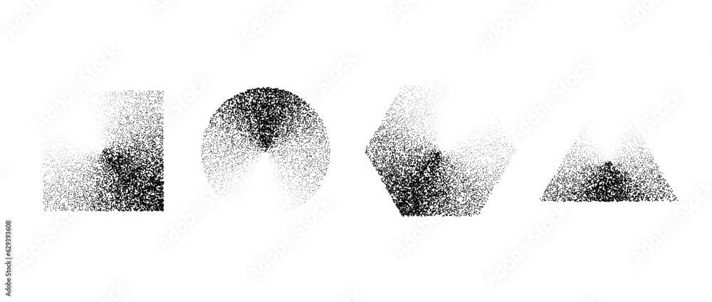 Poster set of stippled gradient shapes. black dotted square, circle, hexagon and triangle collection. textu