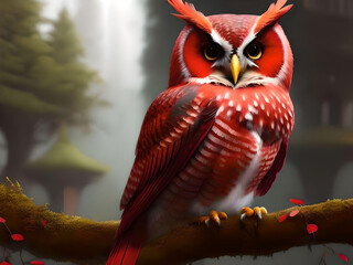 Full body portrait of a red owl sitting on a branch. Generative AI