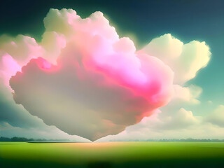 Illustration of heart shaped clouds over green fields. Generative AI