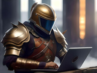 Man dressed in medieval knight armor and helmet working on a laptop. Generative AI