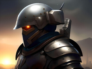 Knight in armor and helmet. Robot, cyborg. Generative AI