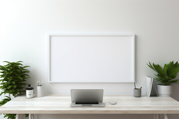 modern workspace with white frame blank screen laptop ai